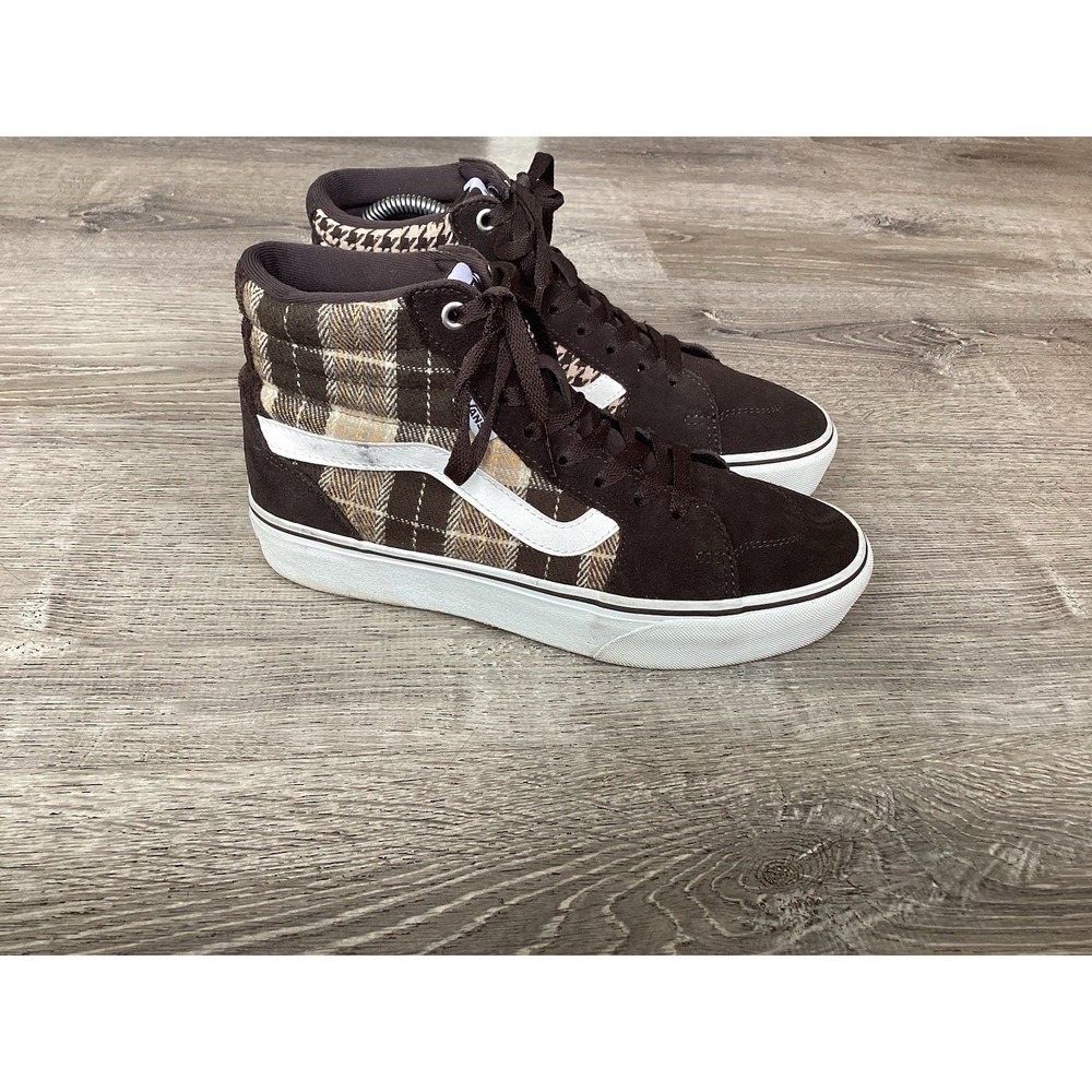 VANS Sk8-Hi Top Lace-Up Sneakers Womens 8.5 Brown Houndstooth Plaid